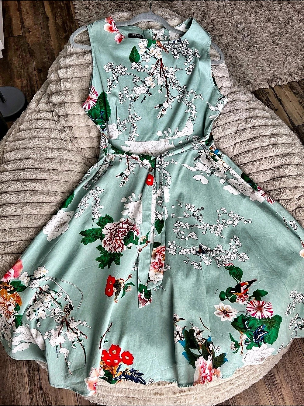 ACEVOG Floral Fit and Flare Midi Dress Green & Multicolor XL